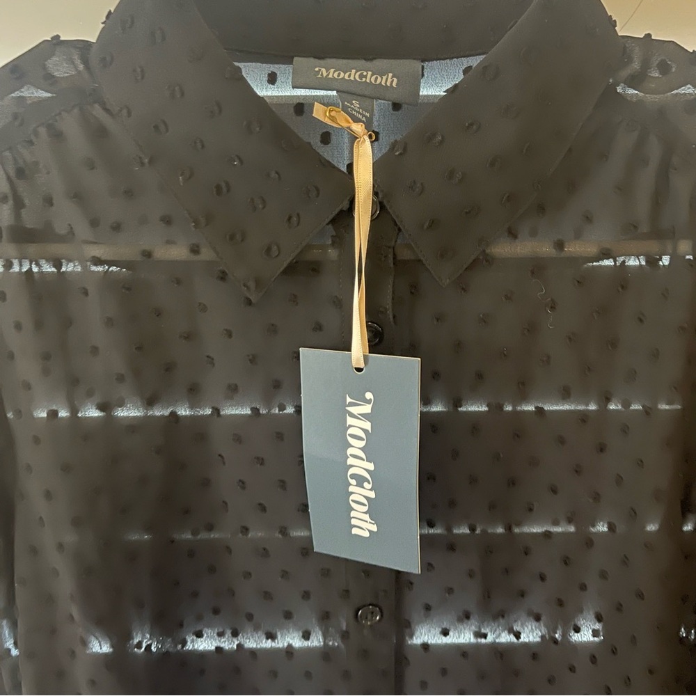 Modcloth Black Long-Sleeve Sheer Polka Dot Blouse, Small - Picture 8 of 12